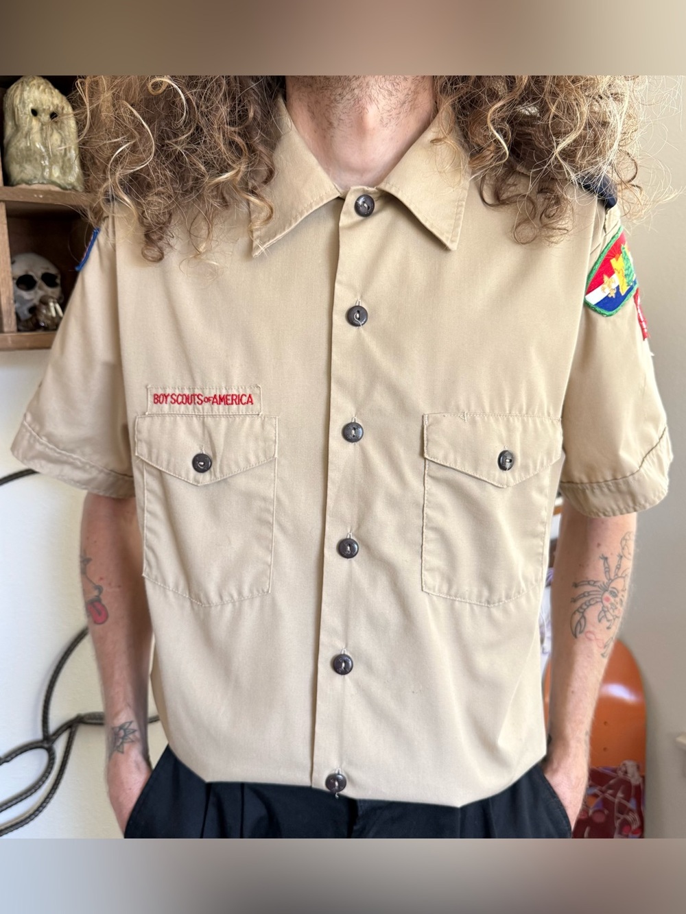 Vintage 70s 80s Boy Scouts of America Button Down Shirt BSA ~ Size Large